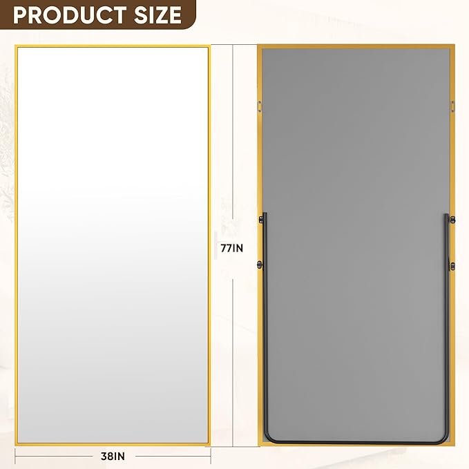 Antok Full Length Mirror, 78"x38" Floor Mirror with Stand, Hanging Mounted Mirrors for Bedroom, Living Room, Cloakroom, Dining Room, Gold, Rect