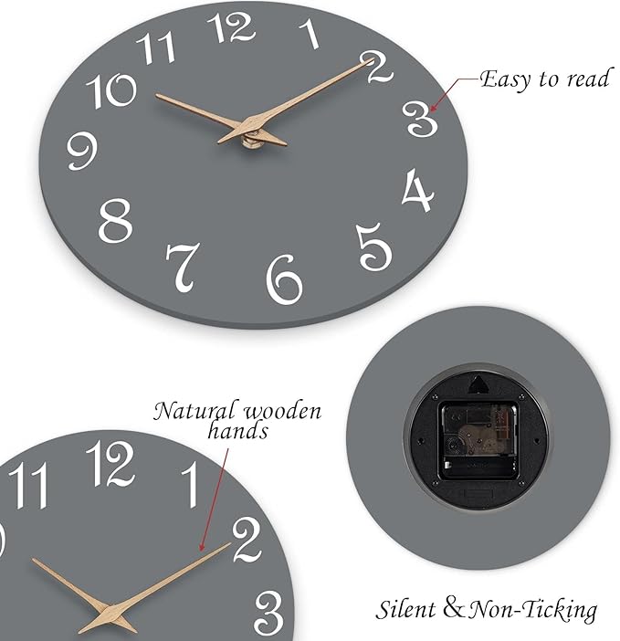Mosewa Wall Clock Silent Non Ticking Decorative for Bedroom Bathroom Office Living Room Battery Operated Gray Wood Modern Simple(10 Inch)