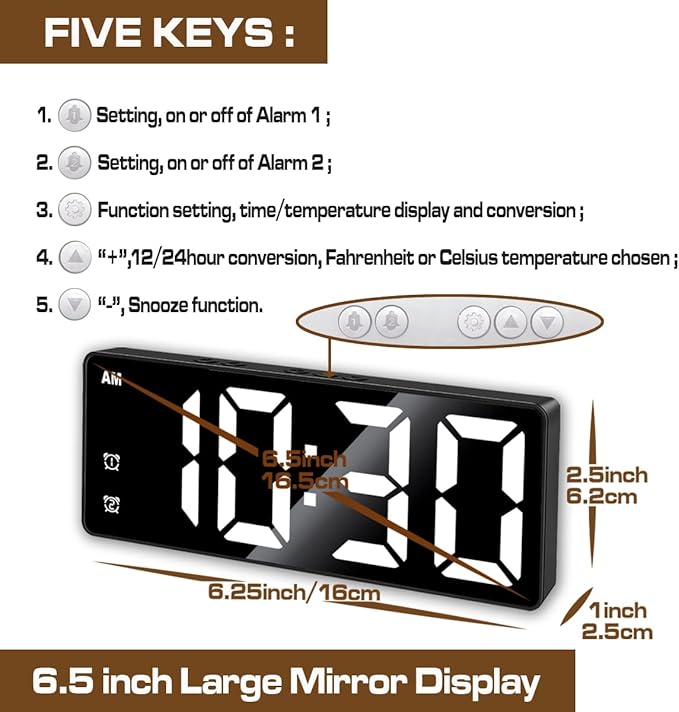 Small Digital Alarm Clock, Mirror Surface LED Electronic Clocks with Large Display, Adjustable Brightness and Snooze Model for Bedroom, Desk, Office, Blackcase White Digit
