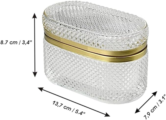 Glass Jewelry Organizer Box, Desktop Jewelry Organizer Container Box, Decorative Box for Bathroom, Vintage Oval Glass Box (Misty Design), Gold