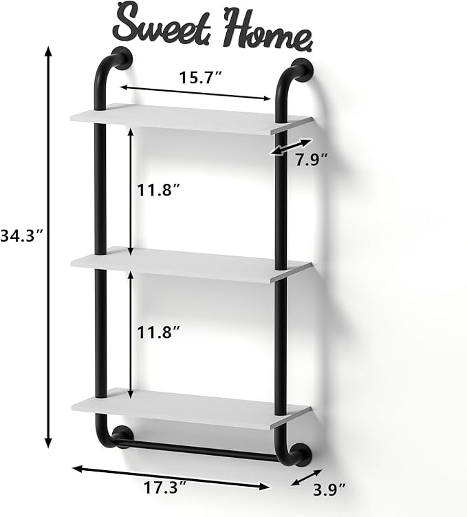 Tinpin Wall Shelves 3-Tier, Bathroom Shelves Over Toilet, Rustic Industrial Pipe Shelf, Farmhouse Bathroom Decor, Floating Shelf Wall Decor for Bedroom, Living Room 17.3 inch, White