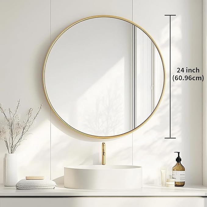 Oruii Gold Round Mirror, Gold Round Mirror 24 inch, Circle Wall Mirrors Metal Frame, Golden Circular Mirrors for Wall, Living Room, Bathroom, Entryway, Vanity, Hallway