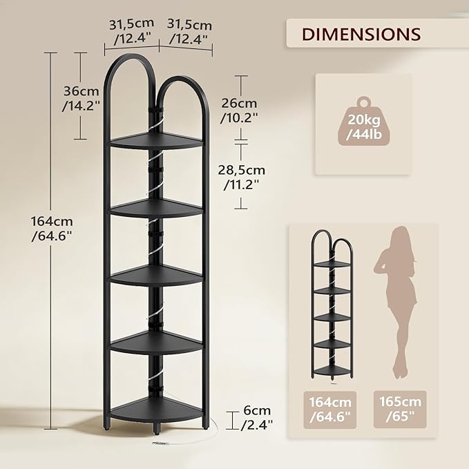 MAHANCRIS 5-Tier Corner Shelf with LED Light, 64.6'' Arched Corner Bookshelf, Narrow Storage Shelf with Metal Frame, for Living Room, Bedroom, Small Spaces, Black CSBK55101