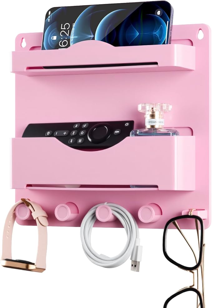 JUMEIHUI Pink Bedside Shelf Organizer - Wall Mount Phone Holder with Glasses Hook & 50 Motivational Stickers for Girls Bedroom Dorm Decor