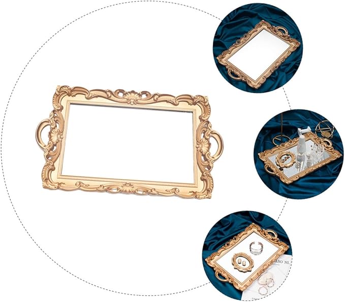 ULTECHNOVO Retro European Mirror Plate Makeup Tray, Golden Rectangular Plastic Cosmetic Storage Organizer for Vanity and Home Décor