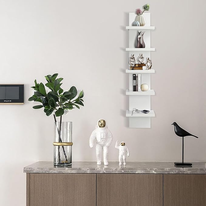 YEXEXINM 5 Tier Wall Shelf Unit White Vertical Column Shelf Floating Storage Home Decor Organizer Narrow Smooth Laminate Finish Utility Shelving Tall Tower Design for Living Room Bedroom Kitchen