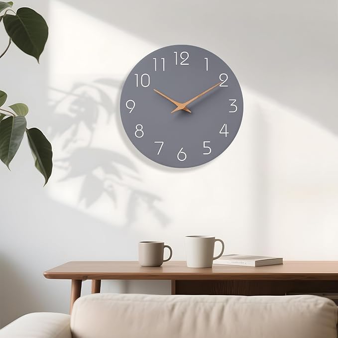 Mosewa Wall Clock 8 Inch Gray Battery Operated Silent Non Ticking Simple Modern Clock Decorative for Bedroom Living Room Kitchen Home Bathroom Office