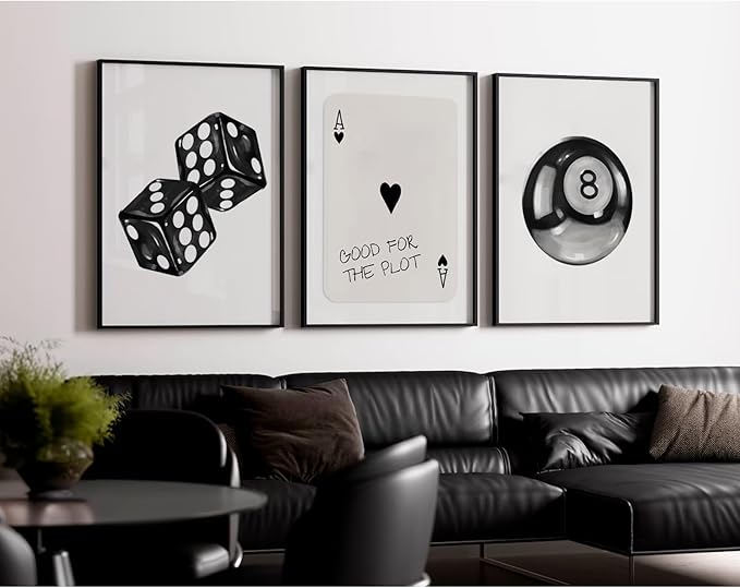 Black White Aesthetic Wall Art Decor 8 Ball Canvas Poster Y2k Cool Dice Pictures Black White Room Decor Trendy Poker Poster Prints Retro Painting Artwork for Apartment Dorm 12x16 Inch Unframed 3Pcs