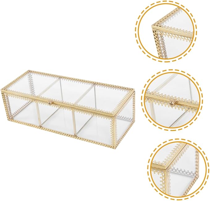 POPETPOP Glass Jewelry Box with Metal Frame Compartments Makeup Organizer and Desk Storage Dustproof Vanity Organizer for Rings Earrings Necklaces Bracelets Watches and Cosmetics