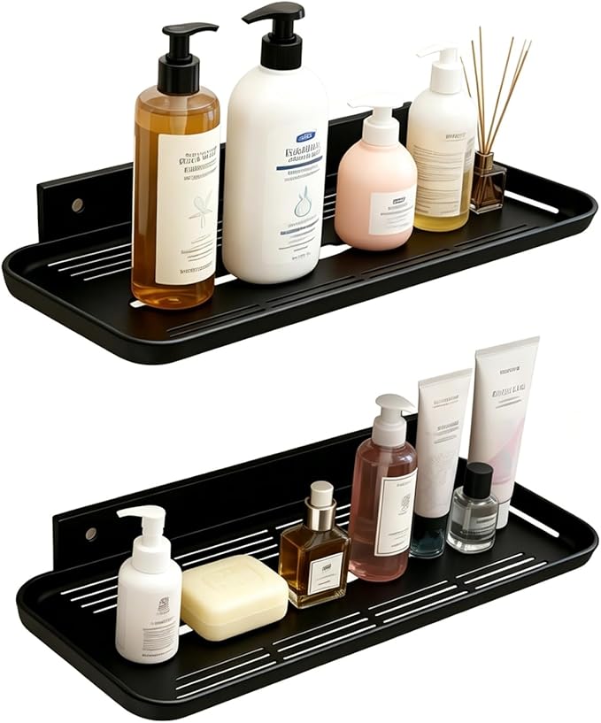 2pc Wall Mounted Floating Shelf, Self Adhesive Small Shelf, No Drill Shelves for Wall, Floating Shelves Damage-Free Expand Walls Space for Living Room Kitchen Bathroom (2, Black)