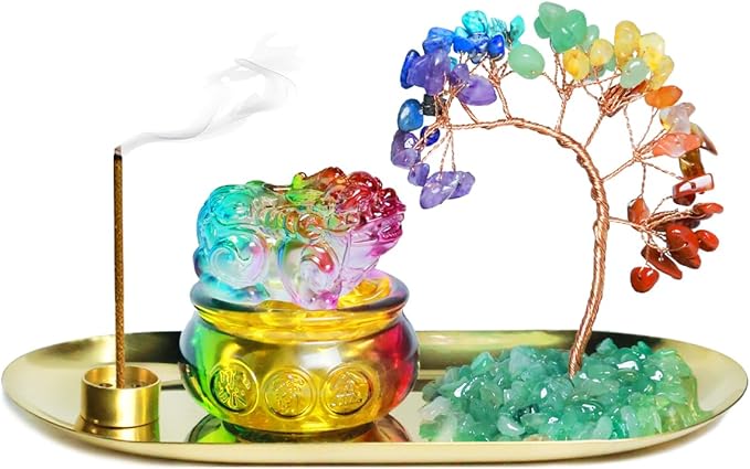 Feng Shui Crystal Tree Incense Burner Holder, Lucky Pi Xiu Treasure Basin, Healing Crystals Tree of Life Incense Tray Money Ideal Adornment for Attracting Wealth, Yoga Meditation Decor - Colorful