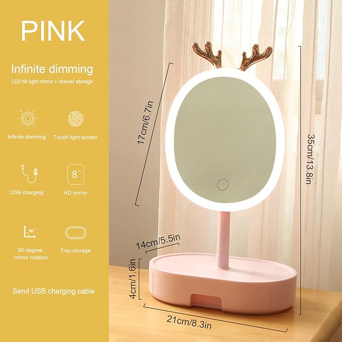 LED Makeup Mirror Stepless Dimming USB Rechargeable,Cosmetic Organizer Boxes90° Rotating Freestanding Mirror for Makeup,Touch Screen,Removable Makeup Mirror,Pink