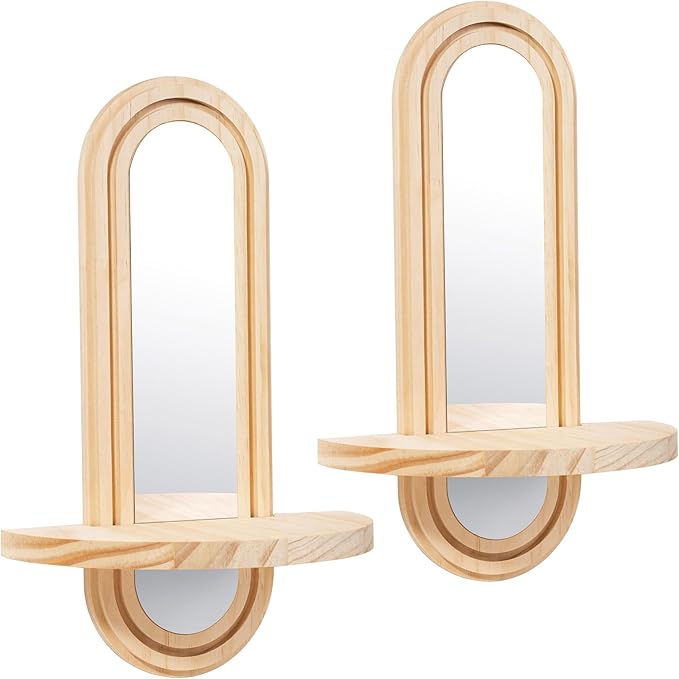 Wooden Wall Floating Shelves, 2PC Boho Arched Wall Shelf,Decorative Mounted Display Shelf with Acrylic Frameless Mirror, Nature Wood Shelves for Home Holding Planter Decoration