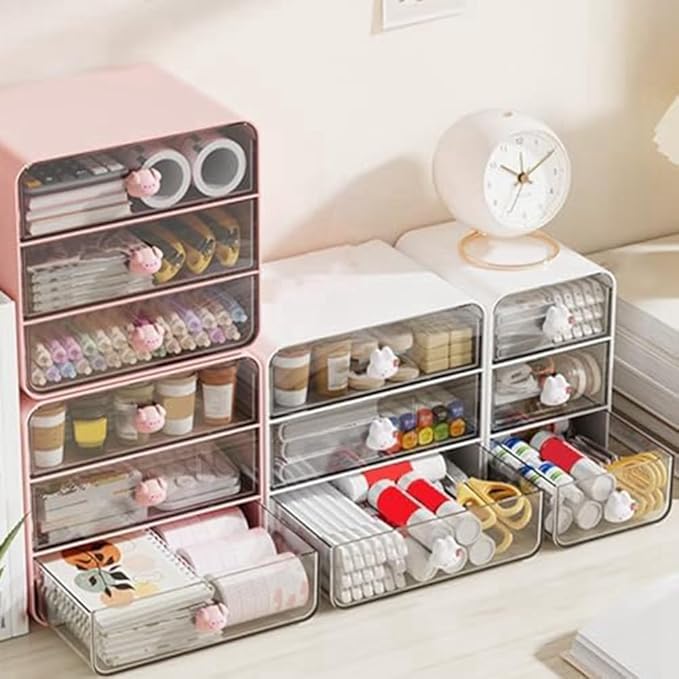 Cosmetic Trays 3 Tiers Makeup Organizer Holder Cosmetic Storage Box, Bathroom Countertop, Desk with Drawers Pink-B