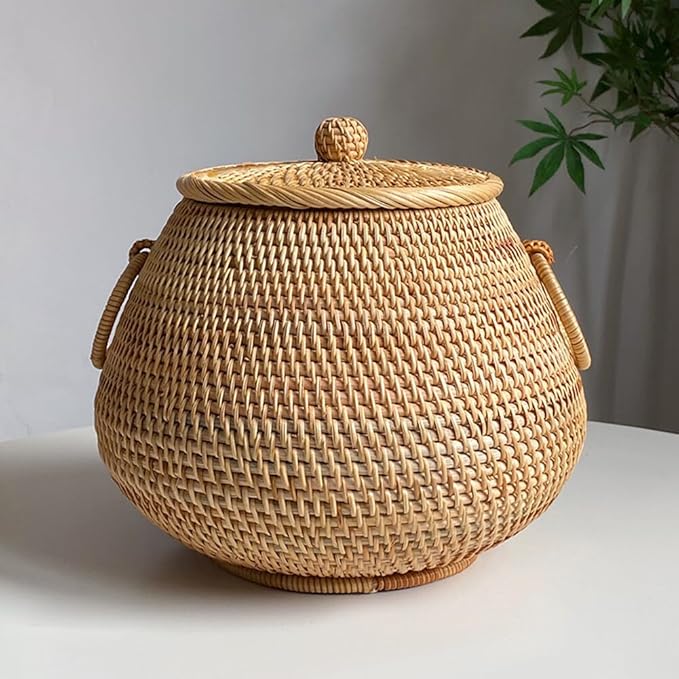 EUBUY Round Rattan Storage Basket with Lid, Hand Woven Rattan Decorative Box for Tea, Fruit, Snacks, Home Desktop Decor