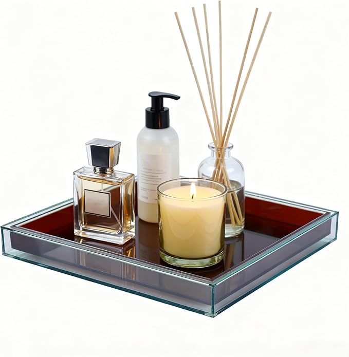 10"x10" Brown Acrylic Tray, Decorative Bathroom Vanity Counter Tray for Perfume, Candle, Soap, Coffee Table & Kitchen – Square Acrylic Organizer for Sink, Entryway Table, Dresser Home Decor