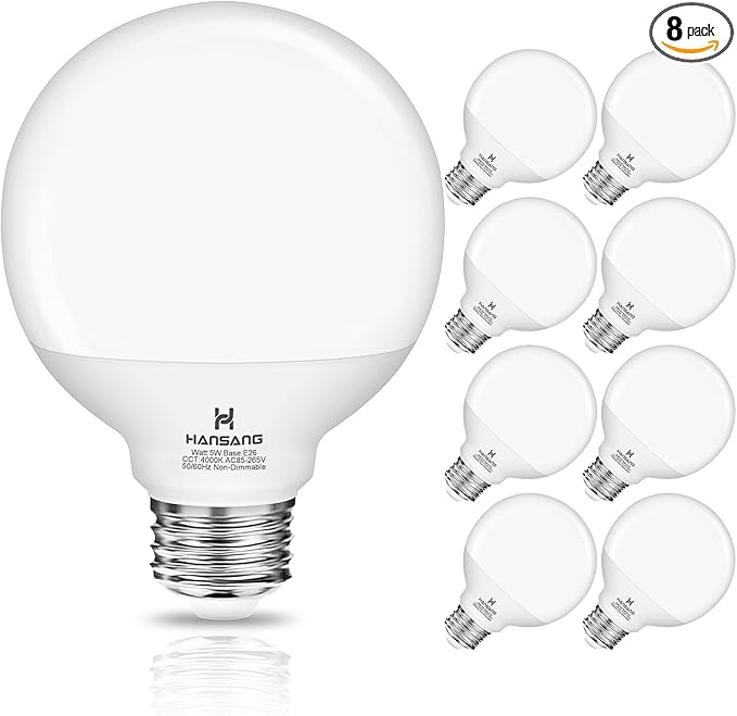 hansang 8 Pack G25 LED Globe Light Bulbs 4000K Natural Daylight, E26 Base Bathroom Light Bulb, 60W Incandescent Equivalent, Vanity Mirror Round Light Bulbs, 500LM, Non-Dimmable