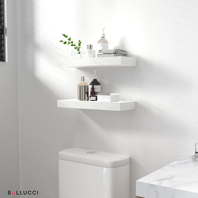 Ballucci Floating Shelves, 2-Pack 16" Wood Wall Shelf Set with Invisible Brackets for Bathroom, Living Room, Bedroom, Kitchen, Nursery, 6" Deep, White