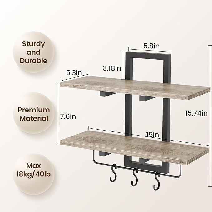 Creso hom Floating Shelves, 15" Wall Shelf Set of 2, Hanging Bathroom Shelves 2-Tier, Wall Mounted Storage Shelves, for Living Room Bedroom Bathroom Kitchen Office Coffee Bar, Greige