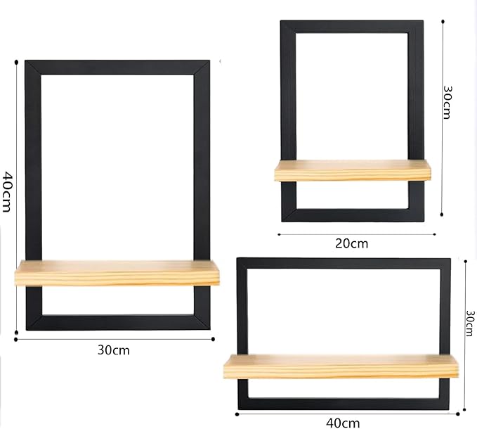 Set of 3 Wooden Floating Shelves for Wall - Solid Wood Kitchen Shelf Decor Floating Wall Shelves for Living Room, Metal Frame Hanging Shelves
