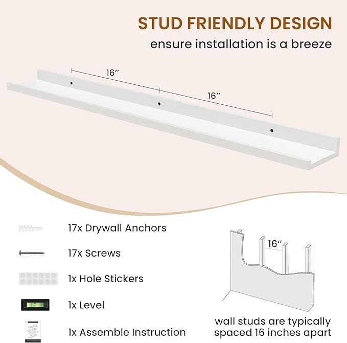 Axeman Picture Ledge Shelf, Floating Shelves for Wall Decor Storage Set of 6, 48 inch Floating Wall Mounted Shelves, Shelves with Lip for Living Room, Bedroom, Nursery, Bathroom, Kitchen, White
