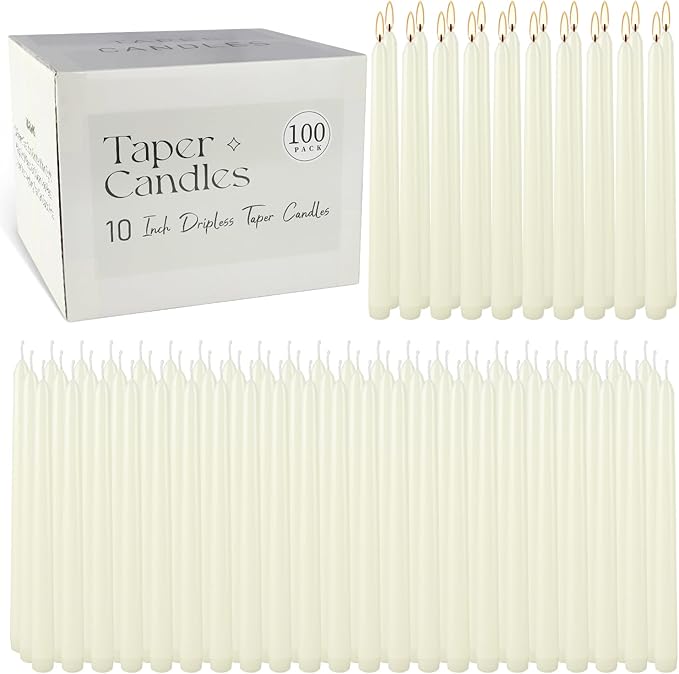 YOROXRG 100Pack Ivory Taper Candles, 7-8 Hours Burn Time, Unscented, Smokeless and Dripless, 0.75 x 10 Inch Dinner Candle Set for Household, Wedding, Party and Home Décor Candlesticks