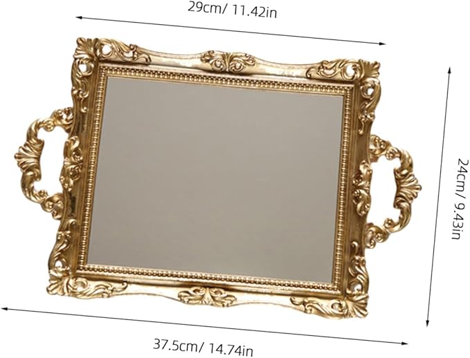 Healeved Nordic Style Golden Mirror Tray Vintage Carved Resin Decorative Storage Plate Wedding Dessert Table Makeup Organizer