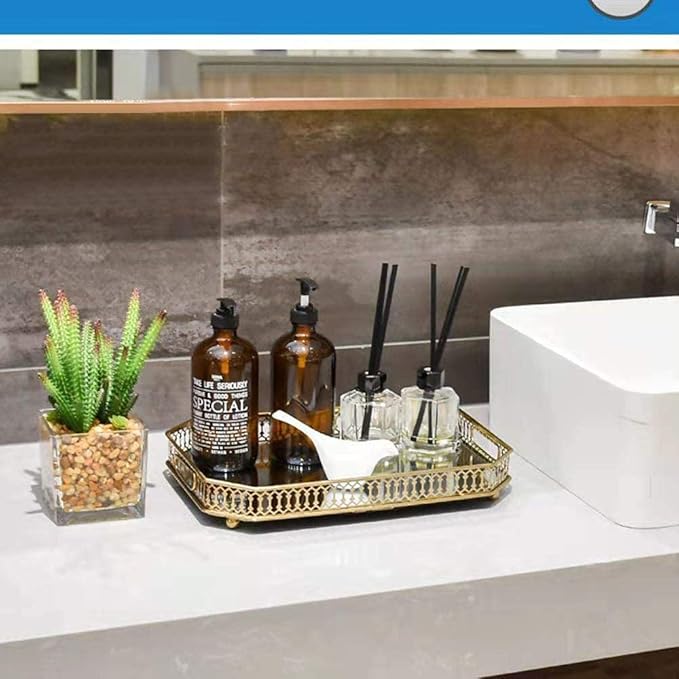 Perfume Vanity Mirror Tray - Durable Decorative Organizer for Dresser, Bedroom, Bathroom Countertops - Spacious 13.8x9.6x2.2 Inches, Scratch-Resistant - Gold