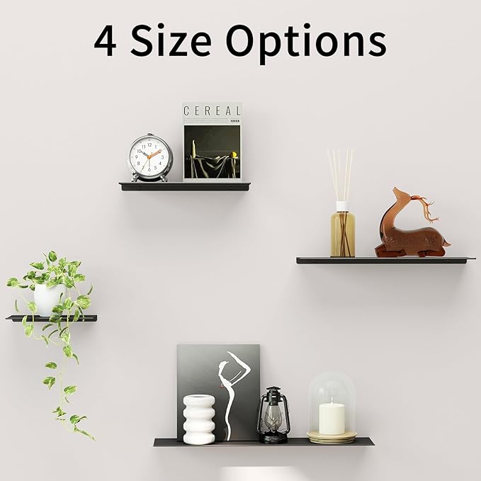 MKO 16" Floating Shelves for Wall, Long Metal Wall Mounted Shelf for Bathroom, Bedroom, Living Room, Kitchen, Display Hanging Shelves for Books/Storage/Room Decor 2 Packs, Black