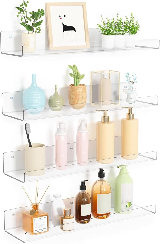Acrylic Shelves for Bathroom Storage, 15" Floating Shelves Wall Organizer for Perfume, Make up, Skincare, Kids Bookshelf for Bedroom, Nursery, Living Room Decor, Clear 6 Pack