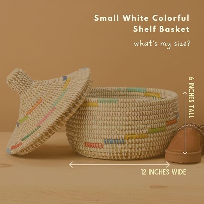 Decorative Basket with Lid, Colorful Pattern on White, Hooded, 10 Inch Wide