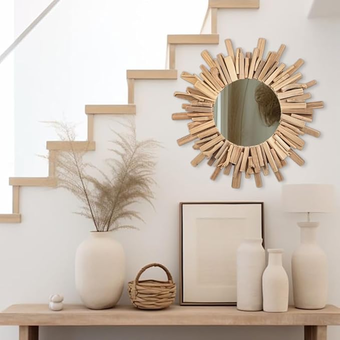 Rustic Driftwood Round Wall Mirror – Large Natural Wooden Frame Decorative Mirror for Farmhouse Coastal Boho Home Décor – 23" Sizes for Bathroom, Living Room, or Entryway