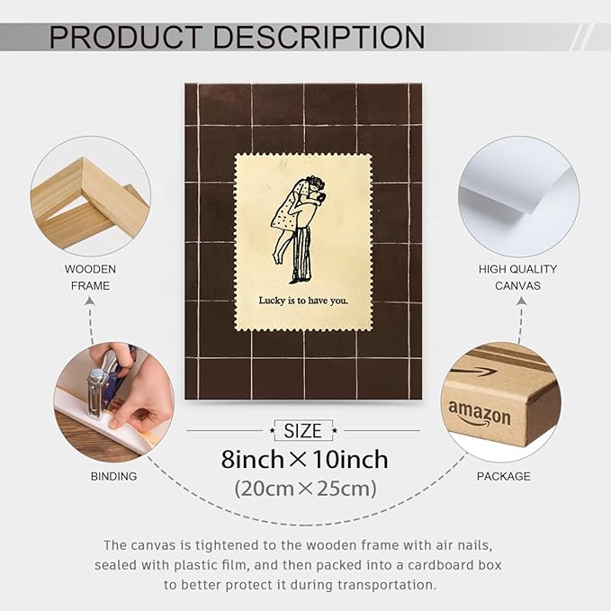 Brown Mid-Century Couples Wall Art Valentine Quotes Lucky Is to Have You Poster 08x10 inch Framed Vintage Romantic Anniversary Canvas Prints Modern Love Wall Decor for Bed Living Room