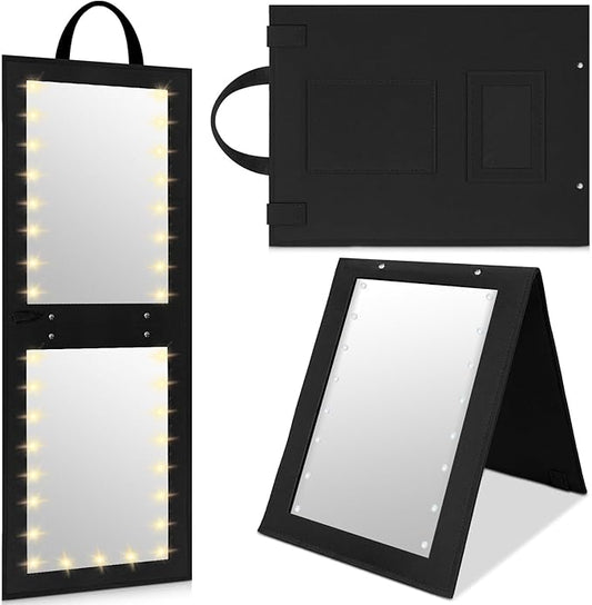 1 Pack Foldable Full Length Travel Mirror with Full Light 25.2x11.8 Inch Foldable Hanging Backstage Mirror LED Double Side Lights for Travel Camping Dance Competition Home Fitness Gift(Black)