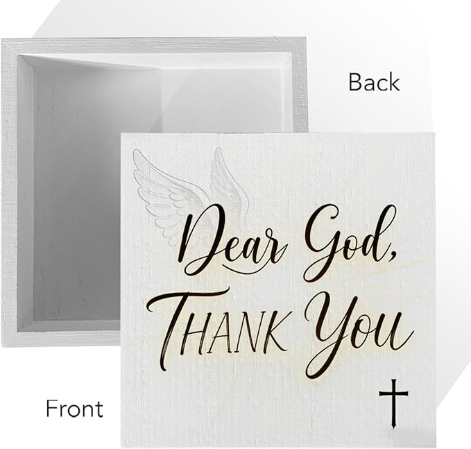 Christian Wooden Box Sign5x5 Inch - "Dear God, THANK YOU" Rustic Christian Home Decor, Farmhouse Style Shelf Desk Table Decoration for Bathroom Living Room