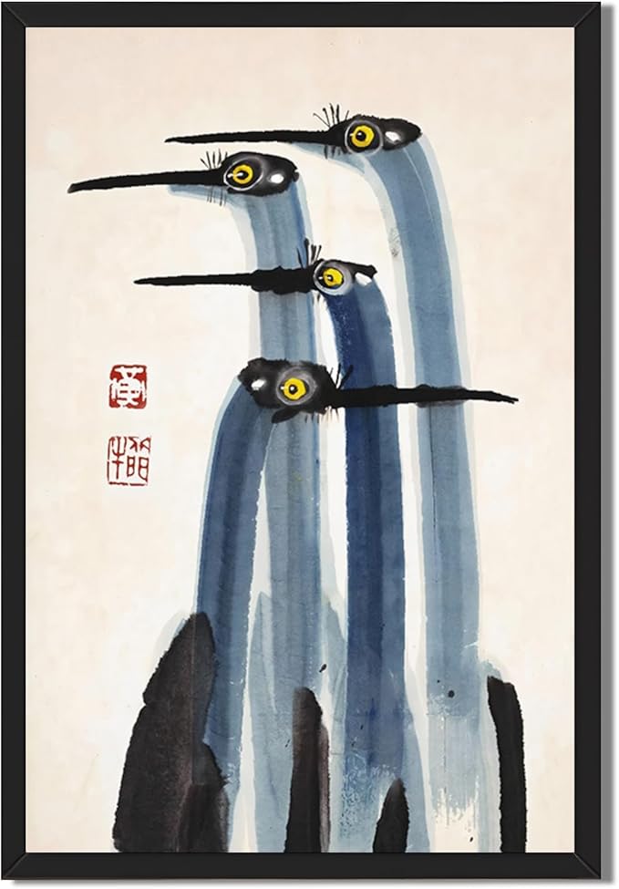 Antique Asian Crane Watercolor Canvas Art Vintage Japanese Chinese Painting Museum Quality Wall Decor For Living Room Bedroom 8x10inch Black frame