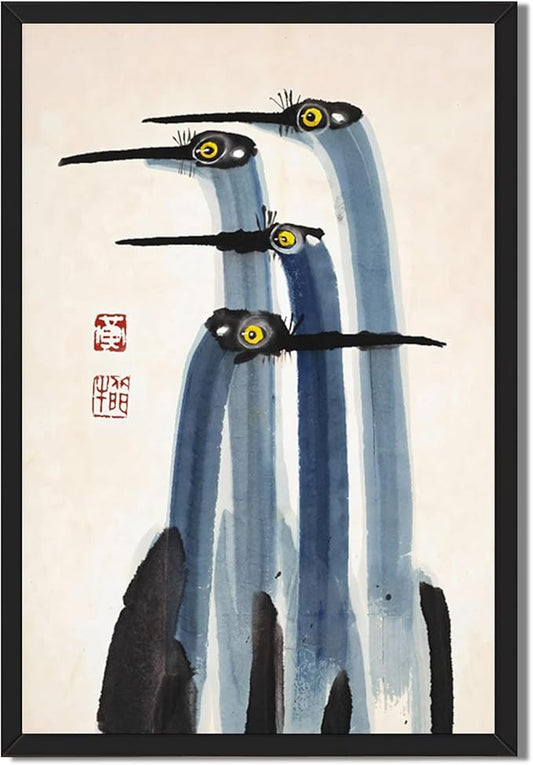 Antique Asian Crane Watercolor Canvas Art Vintage Japanese Chinese Painting Museum Quality Wall Decor For Living Room Bedroom 8x10inch Black frame