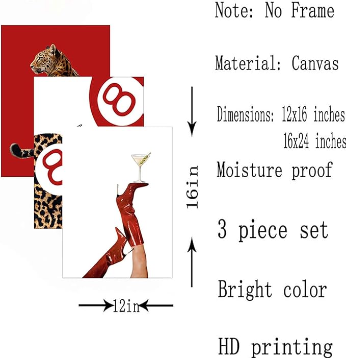 3Pcs Trendy Leopard Wall Art Preppy Funky Red Boot Martini 8 Ball Wall Decor Pictures Vintage Feminism Aesthetic Cheetah Canvas Poster Prints for Girly Bedroom Apartment Dorm Decoration 16X24Unframed