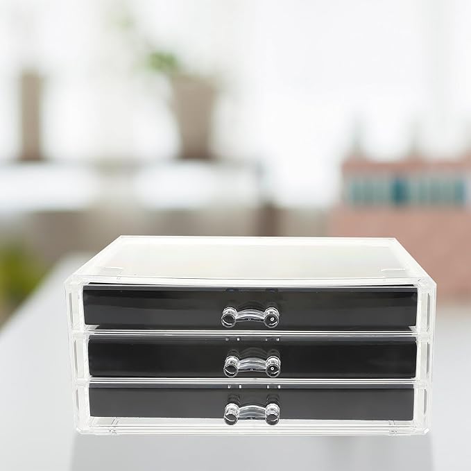 Acrylic Multi-layer Jewelry Storage Box with Black Makeup Organizer for Earrings Necklaces Rings Brooches Sturdy Compartment Display Case for Women Desktop Decor