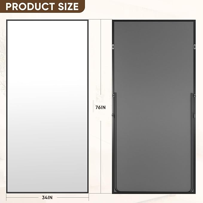 Antok Full Length Mirror, 76"x34" Floor Mirror with Stand, Hanging Mounted Mirrors for Bedroom, Living Room, Cloakroom, Dining Room, Black, Rect