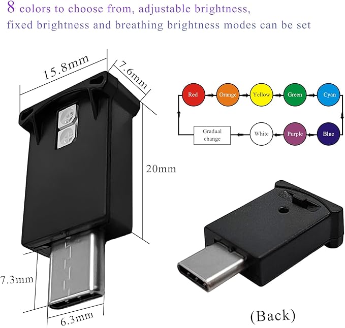 2 PCS USB Type C LED Ambient Light, 8 Colors RGB Car Interior Atmosphere Lamp, Plug-in USB Interface Mini LED Night Light, Portable Decoration Lighting Kit for Car Laptop