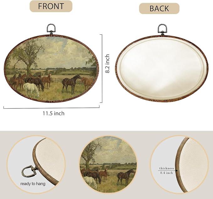 Vintage Horse Oval Framed Wall Art, Nature Landscape Picture Canvas Art Painting Wall Decor, Rustic Cottagecore Hanging Decor Print Artwork for Home Bathroom Living Room Bedroom Farmhouse 12X8.3