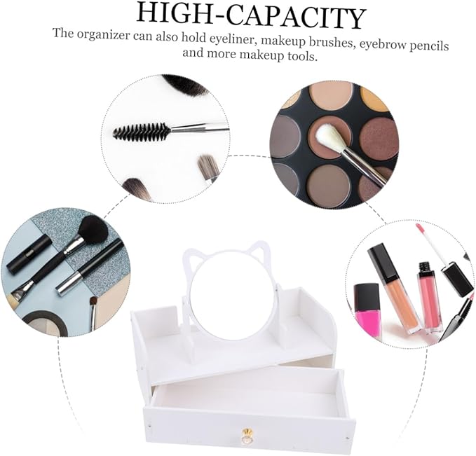 Cabilock Vanity Mirror with Storage Box Large Desktop Makeup Mirror PVC Cosmetics Organizer Non-Skid for Bedroom and Bathroom Use