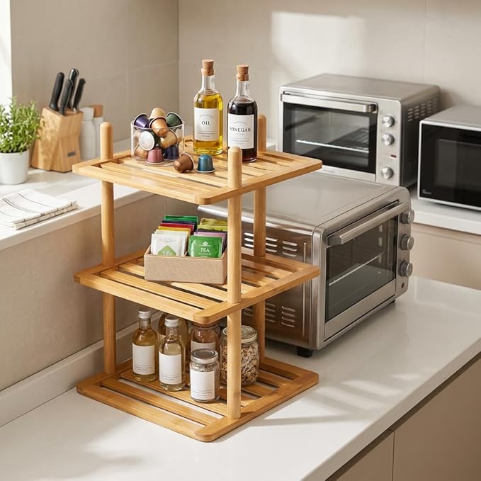 3-Tier Cabinet Organizer Shelf - Bamboo Corner Rack for Kitchen Counter, Cabinet Space Saver for Plates, Dishes, Bowls, Bread - Pantry and Bathroom Storage or Countertop(1, 3Tier-Large-6.7"H)