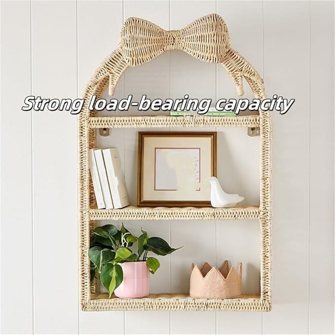 Rattan Wall Hanging Storage Basket, Boho Wall Decor and Woven Wall Shelf, Decorative Rattan Floating Shelves for Bohemian Style House, Cute Wall Art Above Couch or Bed