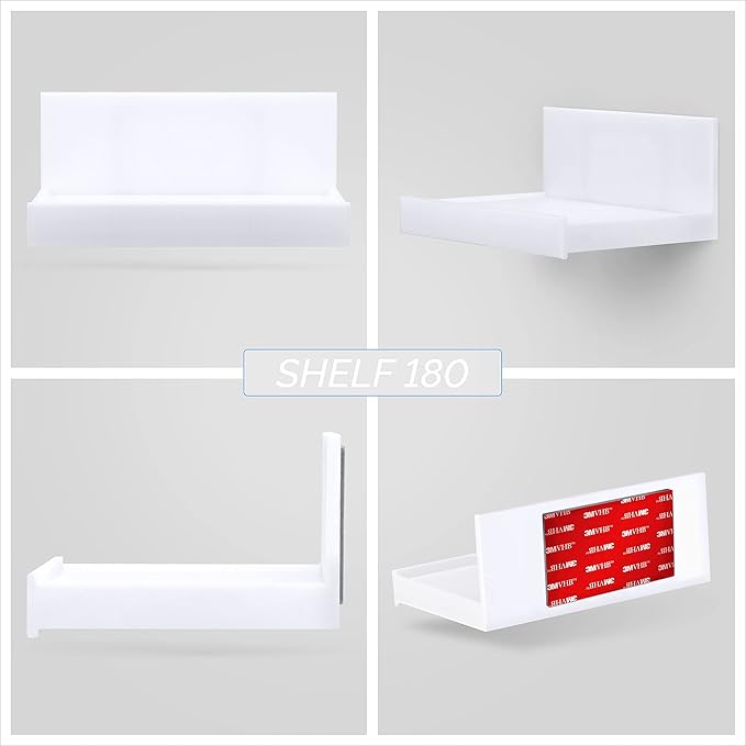 5.4" Adhesive Small Floating Shelf for Speakers, Books, Plants, Cameras, Toys, Decor & More, Screwless Wall Shelves, Easy to Install, By Brainwavz (SHELF180, White)
