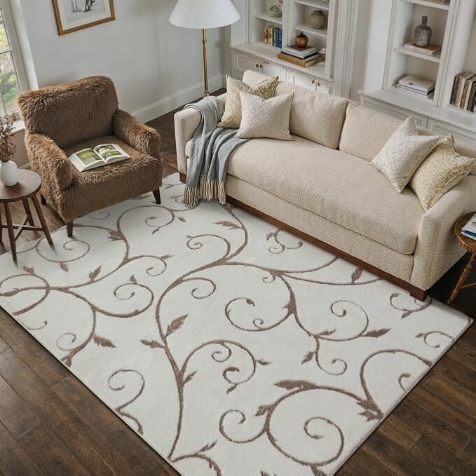 PureCozy Washable Neutral Area Rug 4x6 Beige Soft Shag Rugs for Kids Room Modern Boho High Pile Non-Shedding Throw Rugs Non Slip Indoor Office Carpet for Playroom Bedroom Living Room