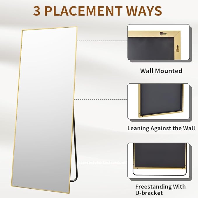 VooBang Mirror Full Length, 21" x 64" Floor Mirror with Stand, Aluminum Alloy Frame Full Body Mirror, Standing Hanging or Leaning Against Wall for Bedroom and Living Room, Gold
