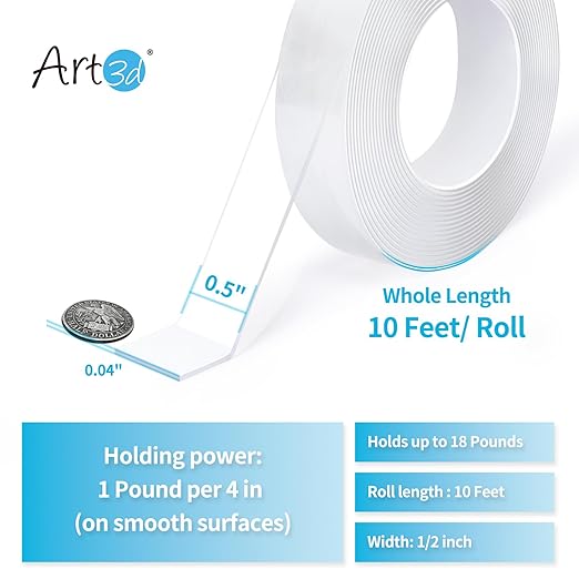 Art3d Double-Sided Mounting Tape (10FT), Multipurpose Removable Adhesive Foam Tape, Transparent, Household