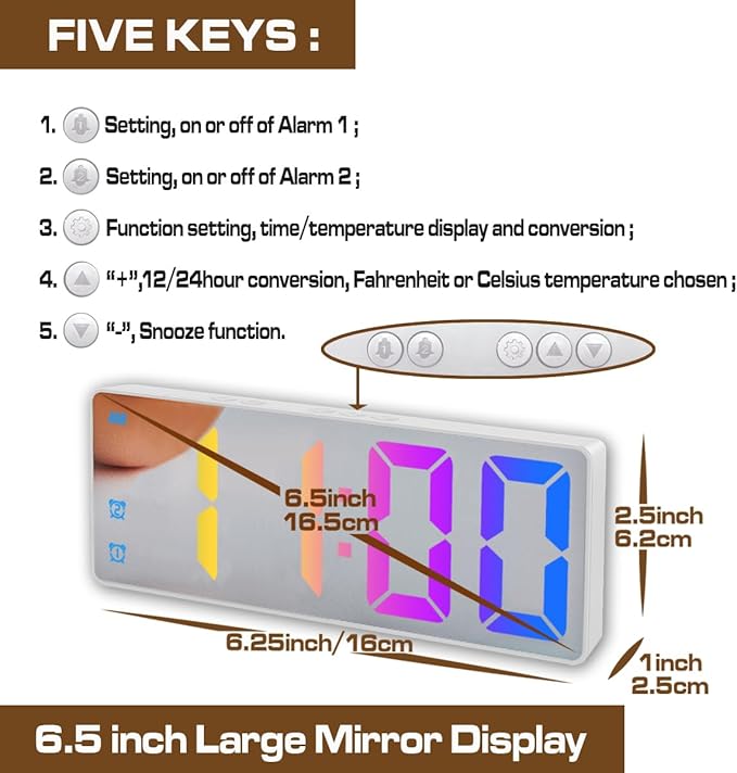 Small Digital Alarm Clock, Mirror Surface LED Electronic Clocks with Large Display, Adjustable Brightness and Snooze Model for Bedroom, Desk, Office, White Case
